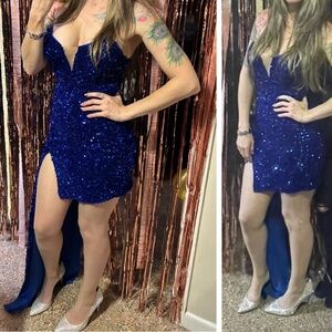 Royal Blue Sequin Strapless Sweetheart Illusion Dress